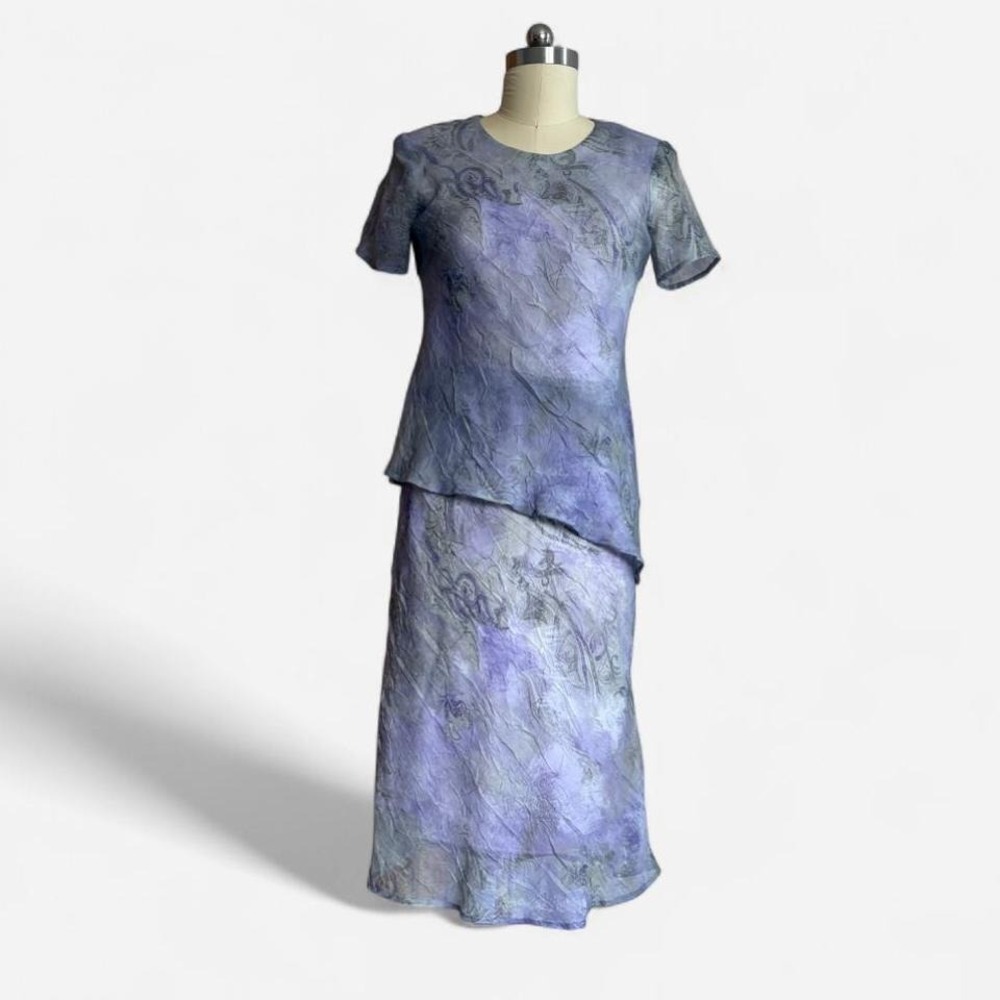 K Petite Asymmetric Dress Sheer Crinkle Y2K 90s Purple Green Artsy Women 4 Fairy